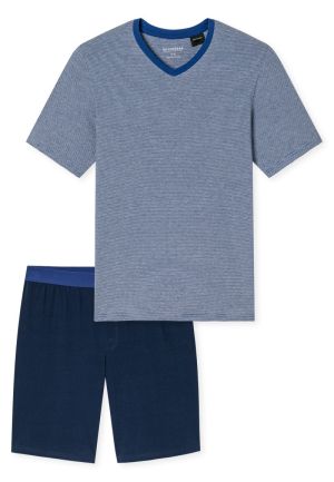 Korte pyjama V-hals streepjes ROYAL BLUE
