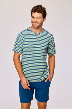 Herenpyjama V-hals, gestreept BLAUW