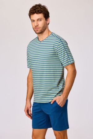 Herenpyjama V-hals, gestreept BLAUW